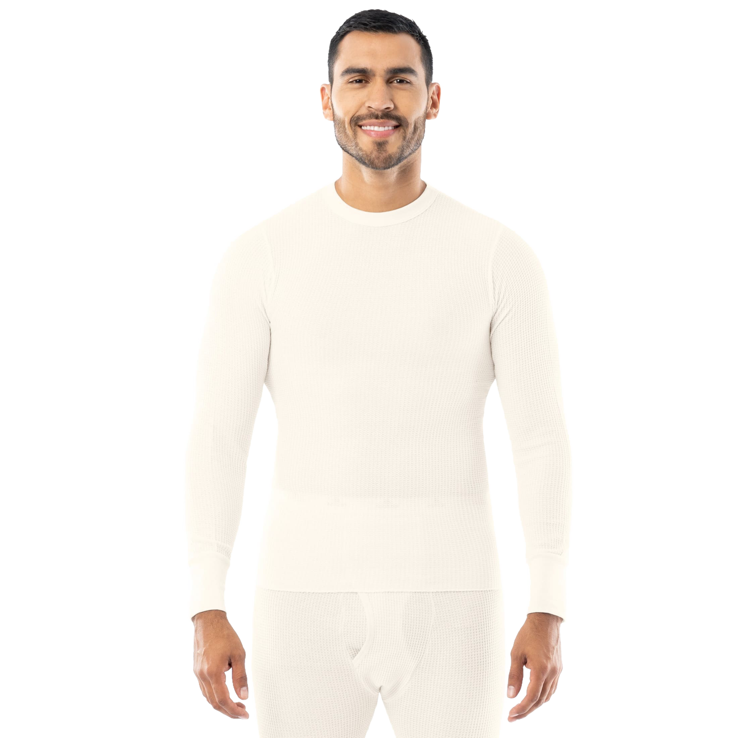 Man wearing a handcrafted cream-colored men's long johns shirt with circular waffle knit pattern designed for warmth in cold temperatures, featured in Health & Wellness, Clothing and Accessories, Best Sellers, and Promo Eligible collections.