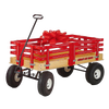 Handcrafted red wooden wagon with sturdy metal frame, air-filled rubber tires, and a large decorative bow, made in USA and Amish made, perfect for outdoor play and children's toys collections.