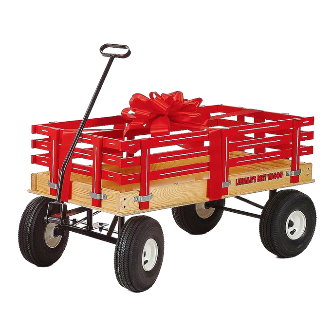 Handcrafted red wooden wagon with sturdy metal frame, air-filled rubber tires, and a large decorative bow, made in USA and Amish made, perfect for outdoor play and children's toys collections.