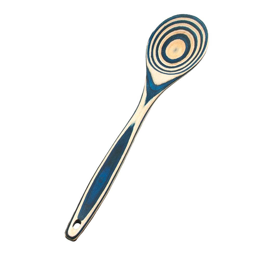 Handcrafted pakkawood spoon featuring striking concentric color patterns in blue and natural tones, durable and heat resistant, perfect for Kitchen & Food and Cooking helpers collections.