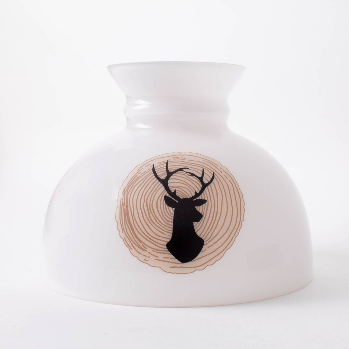 Handcrafted 10-inch glass lamp shade with a smooth white finish and a black deer silhouette set against a circular wood grain design, part of Lamps & Lighting, Parts and Accessories, Lamp Shades, Best Sellers, and Promo Eligible collections.