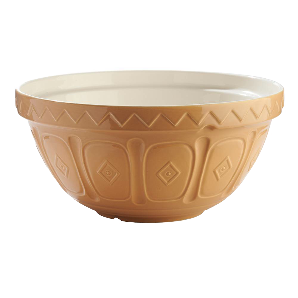 Light brown earthenware mixing bowl with embossed geometric designs on the exterior and smooth white interior, crafted for Kitchen & Food, Cookware, Baking Supplies, and Best Sellers collections.