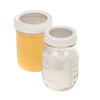 Handcrafted set of four BPA-free plastic strainer lids with corrosion-resistant stainless steel mesh, fitting standard canning jars for kitchen, food storage, and serving needs.