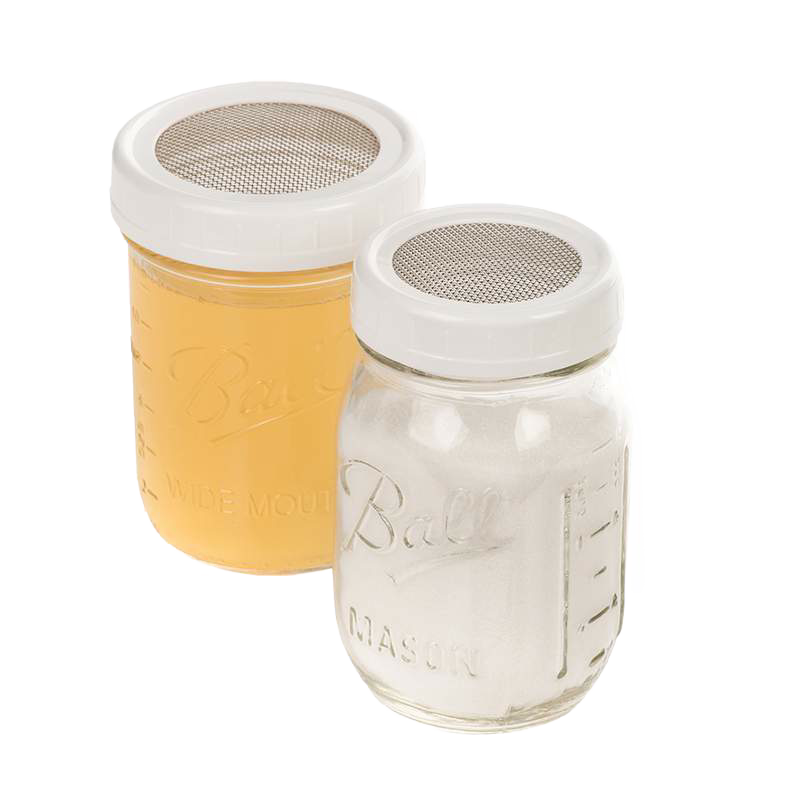 Handcrafted set of four BPA-free plastic strainer lids with corrosion-resistant stainless steel mesh, fitting standard canning jars for kitchen, food storage, and serving needs.