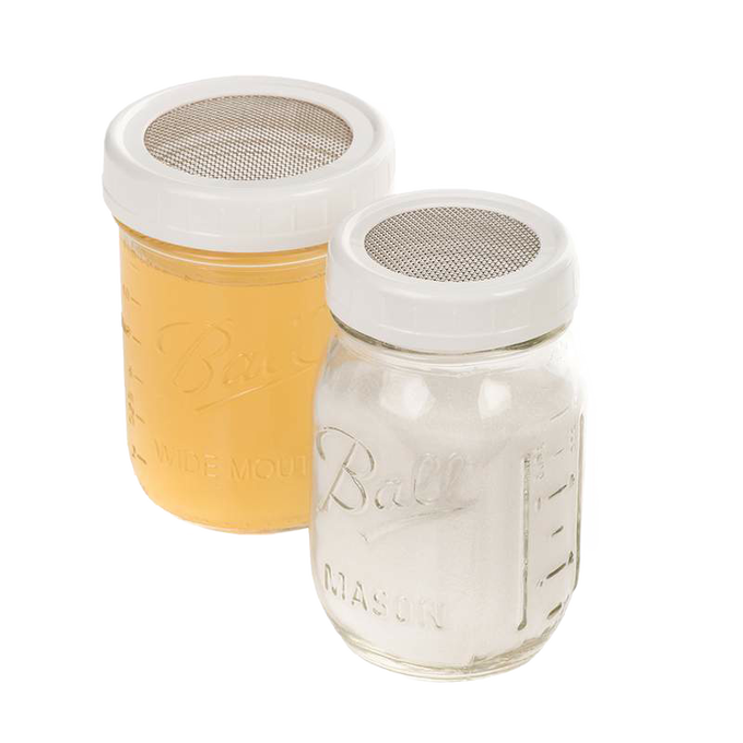 Handcrafted set of four BPA-free plastic strainer lids with corrosion-resistant stainless steel mesh, fitting standard canning jars for kitchen, food storage, and serving needs.