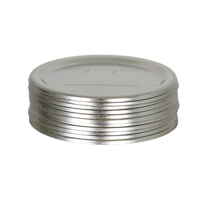 Stack of silver-colored regular-mouth canning jar bands with BPA-free sealing compound, essential for kitchen food preservation in canning and food storage collections.