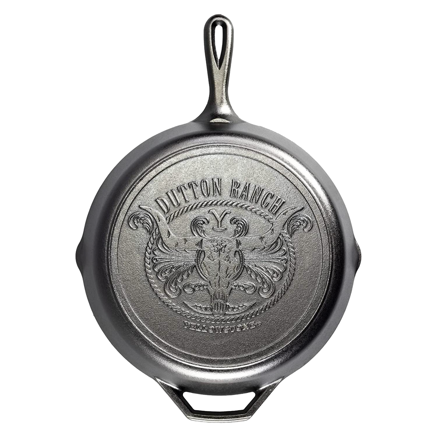 Bottom view of a handcrafted cast iron skillet with an embossed steer skull and rope design, made in USA, ideal for Kitchen & Food, Cookware, Cast Iron, USA Made, and Best Sellers collections.