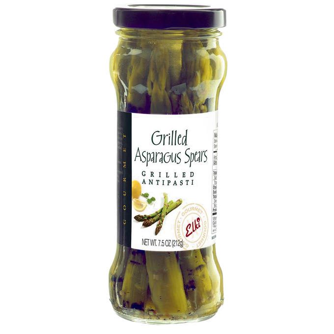 Tall glass jar of fire-grilled asparagus spears in marinade with labeled white and purple cap, ideal for Kitchen & Food, Food, Pantry, and Best Sellers collections.