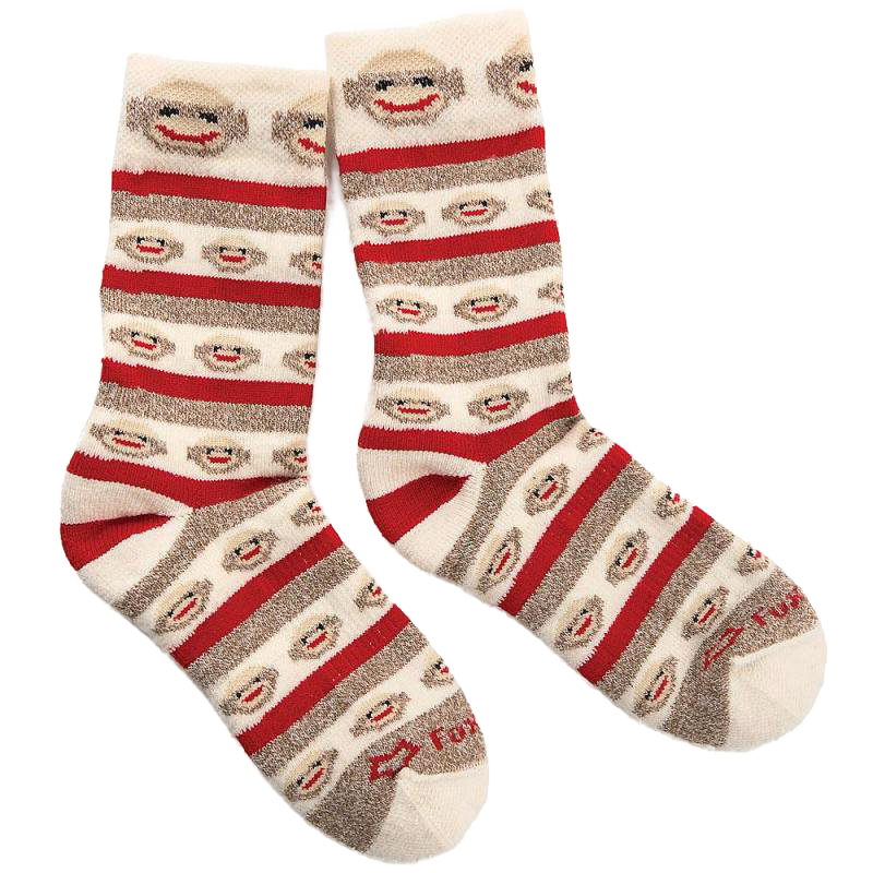Pair of merino wool blend socks for women featuring playful sock monkey faces and red and brown stripes, perfect for Health & Wellness, Clothing and Accessories, Best Sellers, and Promo Eligible collections.