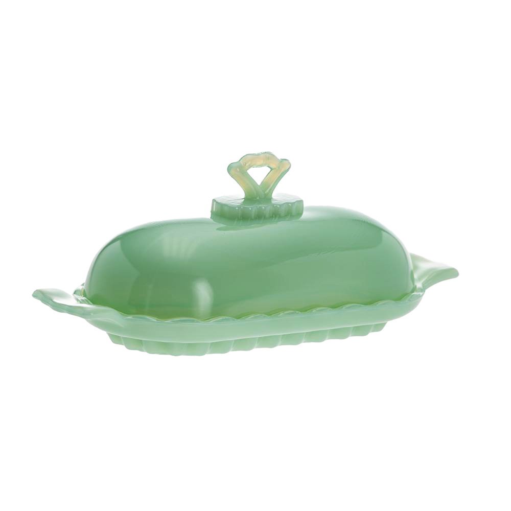 Green glass stick butter dish with a decorative handle and scalloped base, handcrafted in the USA, perfect for Kitchen & Food, Dinnerware, Making Butter, and Best Sellers collections.