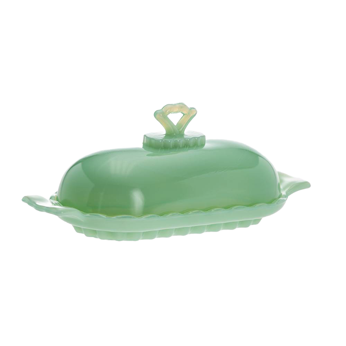 Green glass stick butter dish with a decorative handle and scalloped base, handcrafted in the USA, perfect for Kitchen & Food, Dinnerware, Making Butter, and Best Sellers collections.