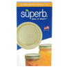 Box of 60 wide-mouth metal canning jar lids in gold tone embossed with superb, featuring BluSeal™ sealing power, made in USA for Kitchen & Food, Food Preservation, and Canning collections.