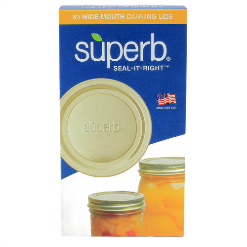 Box of 60 wide-mouth metal canning jar lids in gold tone embossed with superb, featuring BluSeal™ sealing power, made in USA for Kitchen & Food, Food Preservation, and Canning collections.