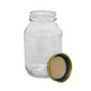 Clear sturdy regular-mouth glass jar made in USA with an adjacent gold metal lid featuring a blue sealing ring, ideal for food preservation in Kitchen & Food and Canning collections.