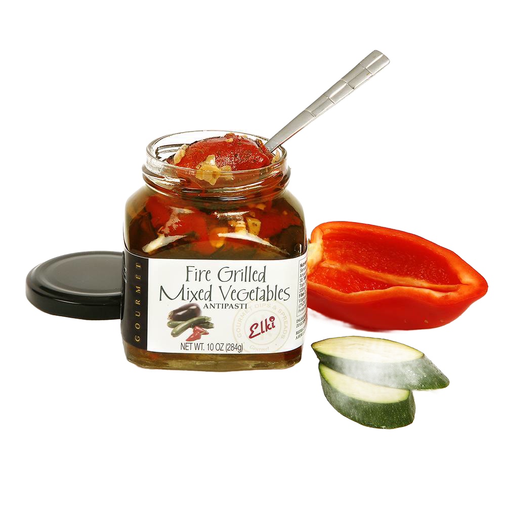 Open jar of fire-grilled mixed vegetables antipasti with a spoon inside, presented alongside sliced zucchini and halved red bell pepper, ideal for Kitchen & Food, Food, Pantry, Best Sellers, and Promo Eligible collections.