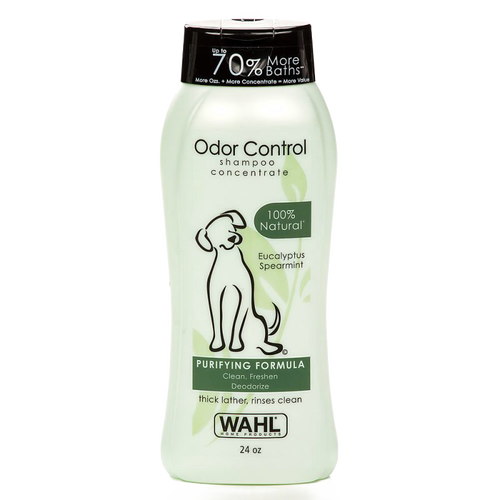 Light green bottle of Wahl odor control dog shampoo concentrate with eucalyptus and spearmint scent, offering a natural purifying formula for freshening and deodorizing, featured in Grooming and Personal Hygiene, Pet Supplies, USA Made, Best Sellers, and Promo Eligible collections.