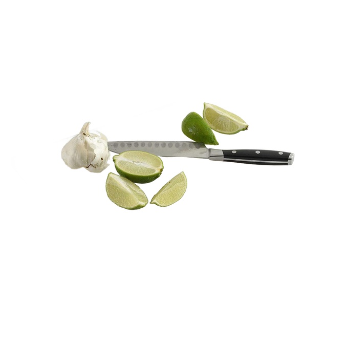 Professional kitchen knife with black handle placed beside fresh lime wedges and a garlic bulb, ideal for Food Prep, Kitchen Gadgets, and Kitchen Accessories collections.