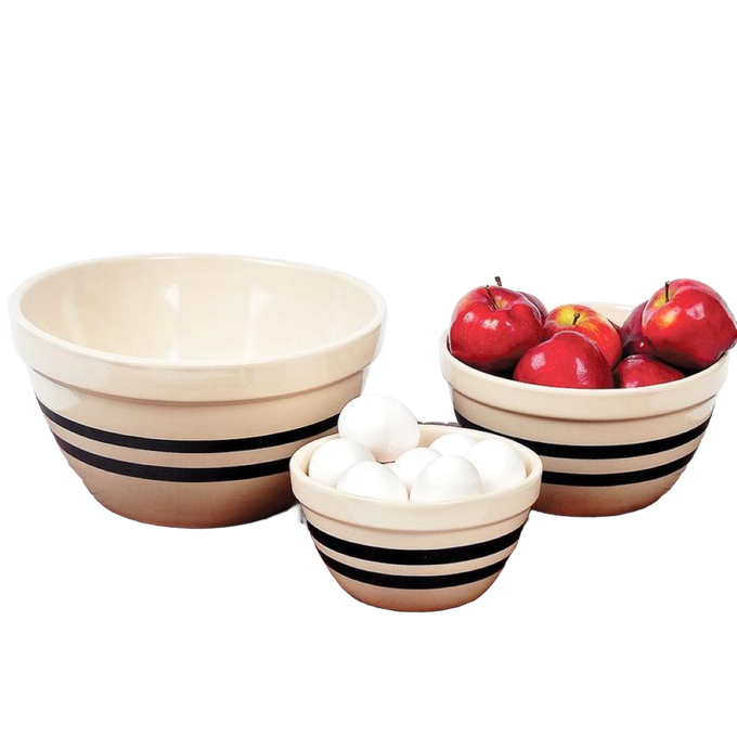 Set of three handcrafted USA-made stoneware shoulder bowls with classic black stripes, suitable for mixing, baking, serving, and storage in Kitchen & Food, Cookware, Baking Supplies, Dinnerware, Storage and Serving, USA Made, and Best Sellers collections.