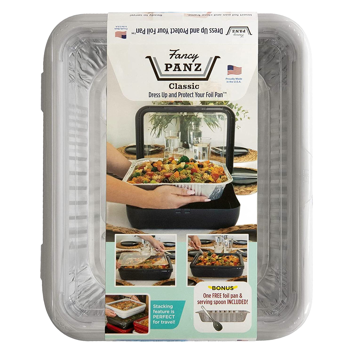 Clear black Fancy Panz cover with removable window shown securing a food-filled foil pan, designed for sturdy transport and serving, featured in Kitchen & Food, USA Made, and Storage collections.