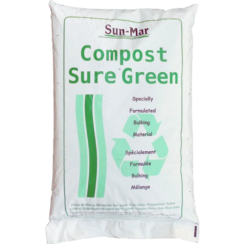 White bag of compost bulking material with green text and recycling graphic, used for maintaining composting toilets, featured in Appliances, Composting Toilets, and Best Sellers collections.