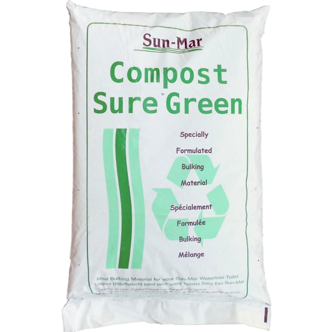 White bag of compost bulking material with green text and recycling graphic, used for maintaining composting toilets, featured in Appliances, Composting Toilets, and Best Sellers collections.