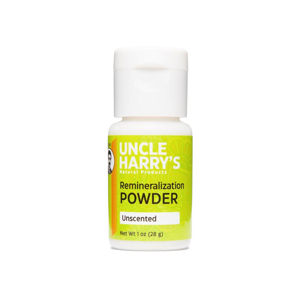 Handcrafted Uncle Harry's remineralization powder in unscented, 1 oz bottle, made in USA, supporting dental health in Health & Wellness, Grooming, USA Made, and Best Sellers collections.