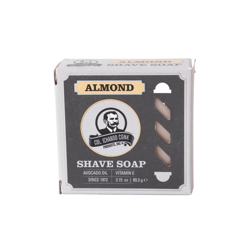 Square boxed almond-scented shaving soap featuring avocado oil and vitamin E, handcrafted in USA, ideal for Health & Wellness, Grooming and Personal Hygiene, Soaps and Soapmaking, Best Sellers, and Promo Eligible collections.