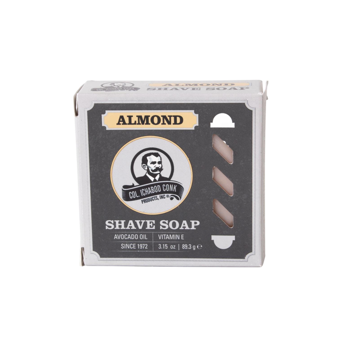 Square boxed almond-scented shaving soap featuring avocado oil and vitamin E, handcrafted in USA, ideal for Health & Wellness, Grooming and Personal Hygiene, Soaps and Soapmaking, Best Sellers, and Promo Eligible collections.