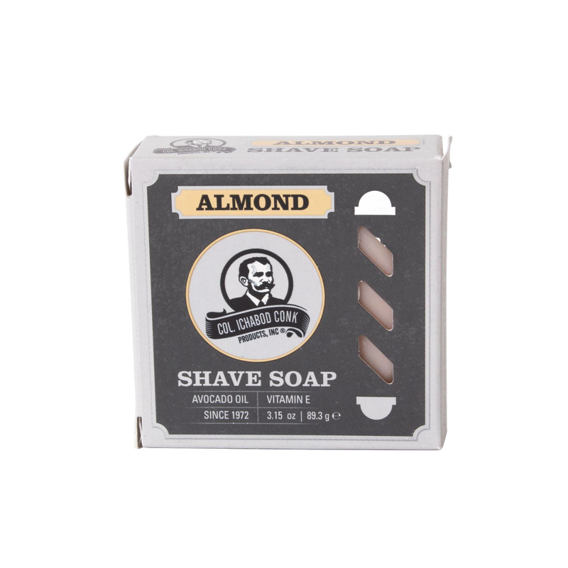 Square boxed almond-scented shaving soap featuring avocado oil and vitamin E, handcrafted in USA, ideal for Health & Wellness, Grooming and Personal Hygiene, Soaps and Soapmaking, Best Sellers, and Promo Eligible collections.