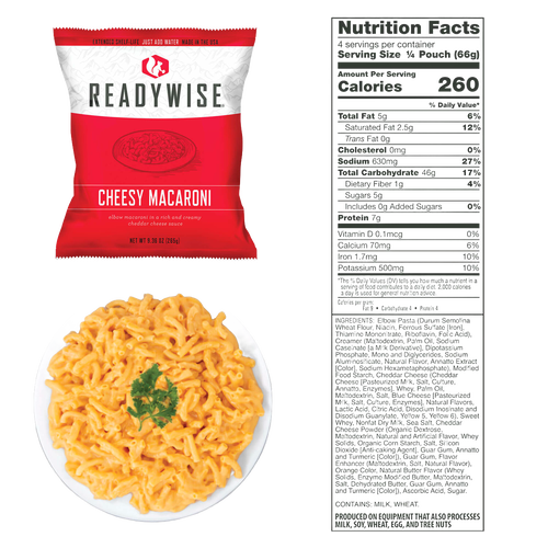 ReadyWise cheesy macaroni package alongside a serving of creamy elbow macaroni garnished with parsley and a detailed nutrition facts label, fitting for emergency food and pantry supplies.
