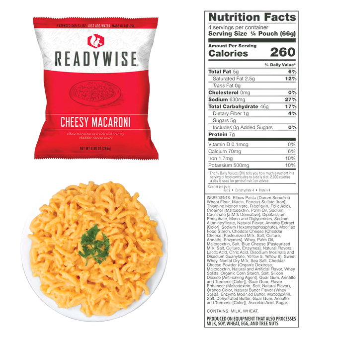 ReadyWise cheesy macaroni package alongside a serving of creamy elbow macaroni garnished with parsley and a detailed nutrition facts label, fitting for emergency food and pantry supplies.