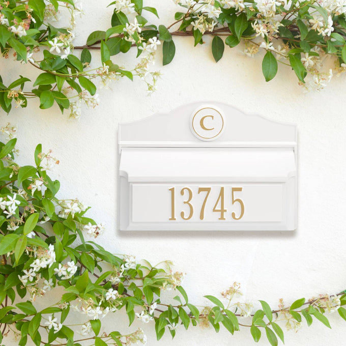 Handcrafted white wall-mount mailbox with gold personalized house number and monogram, made in USA, designed to enhance curb appeal in Home & Decor and Mailboxes collections.