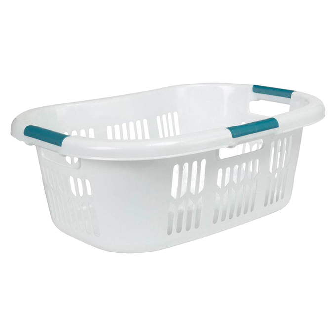 White lightweight laundry basket with teal grip handles and perforated sides, designed for easy carrying in home and laundry supplies collections.