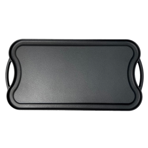 Handcrafted nitrogen-infused cast iron griddle with a smooth flat surface, featuring ergonomic handles, designed for durable grilling in Kitchen & Food, Cookware, and Grilling collections.