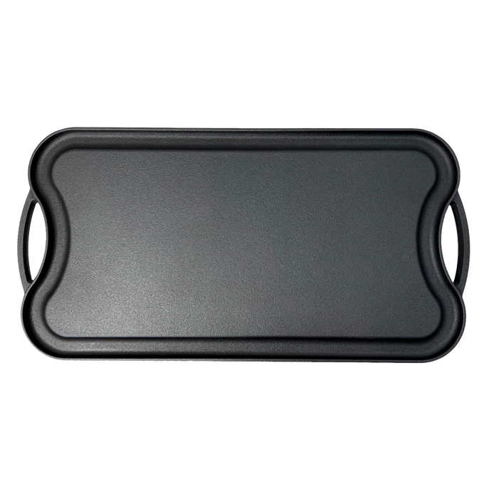 Handcrafted nitrogen-infused cast iron griddle with a smooth flat surface, featuring ergonomic handles, designed for durable grilling in Kitchen & Food, Cookware, and Grilling collections.