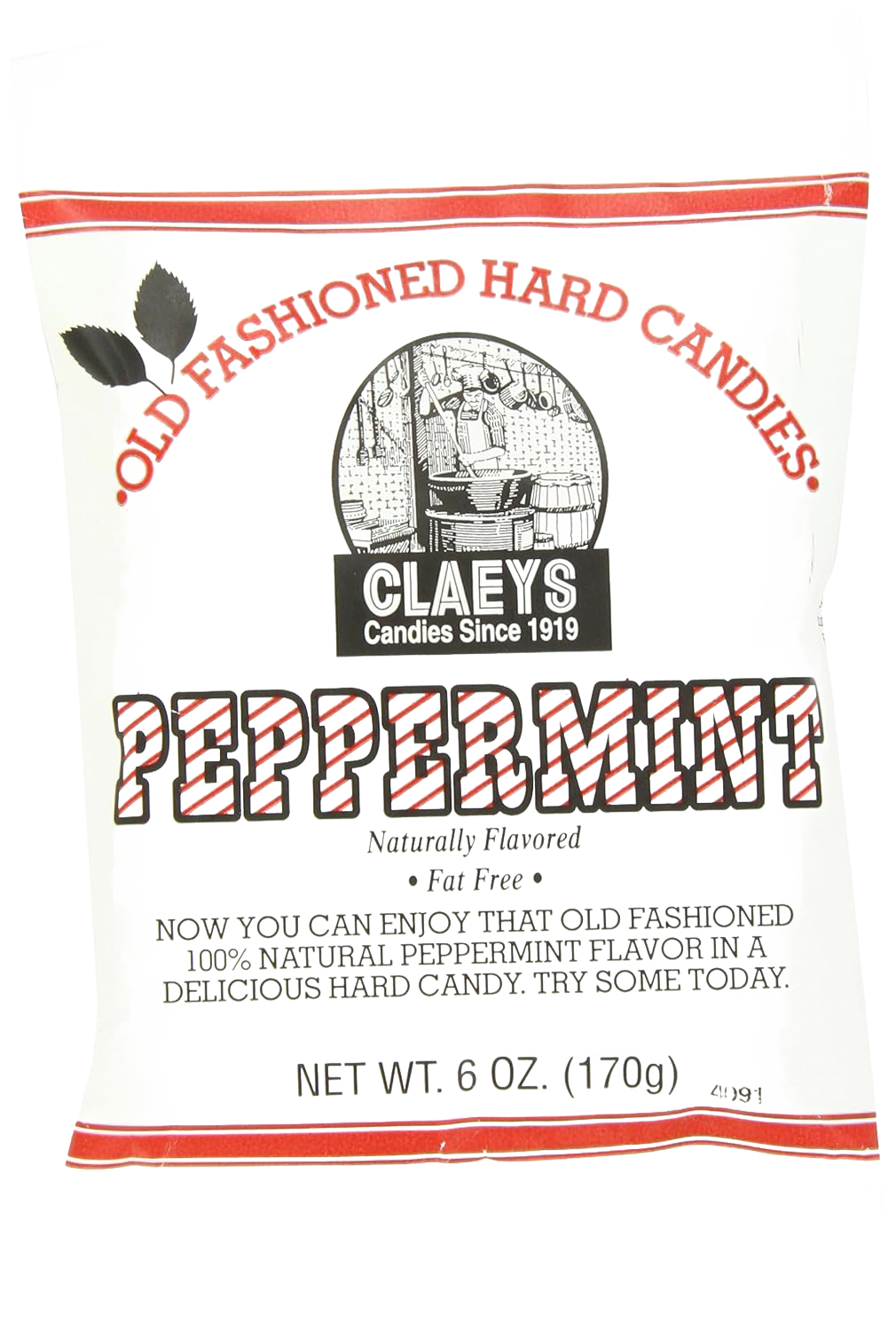 White bag of handcrafted peppermint flavored old-fashioned hard candies, gluten free and made in USA, featured in Kitchen & Food, Snacks and Sweets, USA Made, Best Sellers, and Promo Eligible collections.