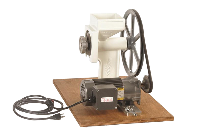 Handcrafted motorization kit with gear-reduced electric motor, pulley, belt, and pre-drilled mounting board for grain mills, made in USA, ideal for Kitchen & Food and Bread Making Supplies.