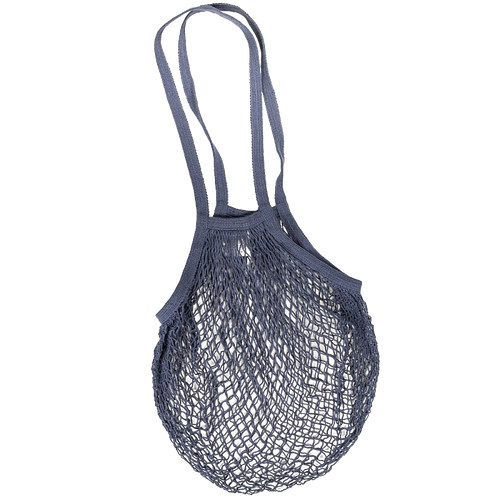 Dark gray 100% natural cotton reusable string bag with shoulder handles, stretchable and lightweight for carrying various items, ideal for Kitchen & Food, Storage and Serving, Best Sellers, and Promo Eligible collections.