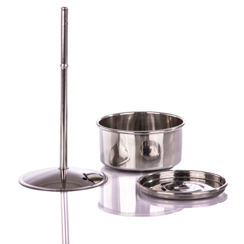 Three-piece stainless steel coffee press set including a plunger, a perforated filter disc, and a cylindrical brewing container, ideal for camping and kitchen use.
