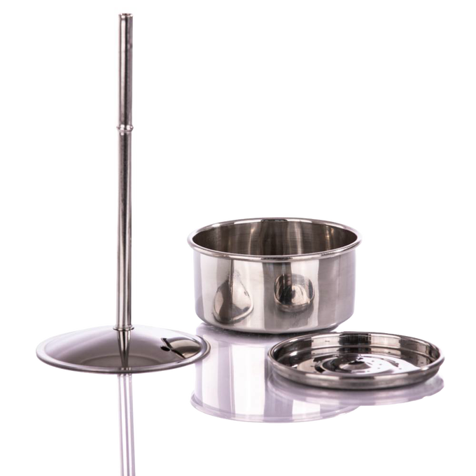 Three-piece stainless steel coffee press set including a plunger, a perforated filter disc, and a cylindrical brewing container, ideal for camping and kitchen use.