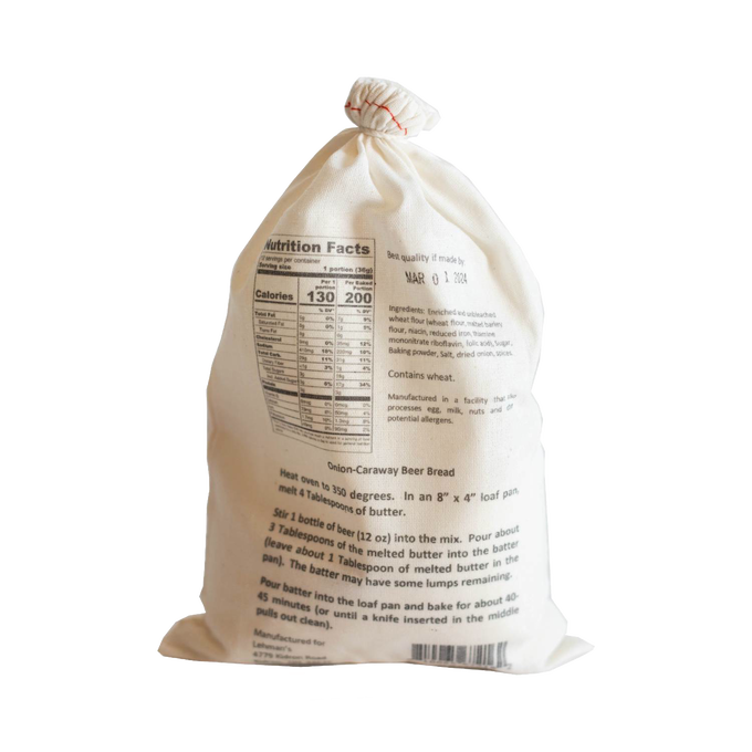 Natural cotton drawstring bag holding handcrafted onion-caraway beer bread mix with detailed nutrition facts and baking instructions, ideal for Kitchen & Food, Pantry, Dry Goods and Mixes, Best Sellers, and Promo Eligible collections.