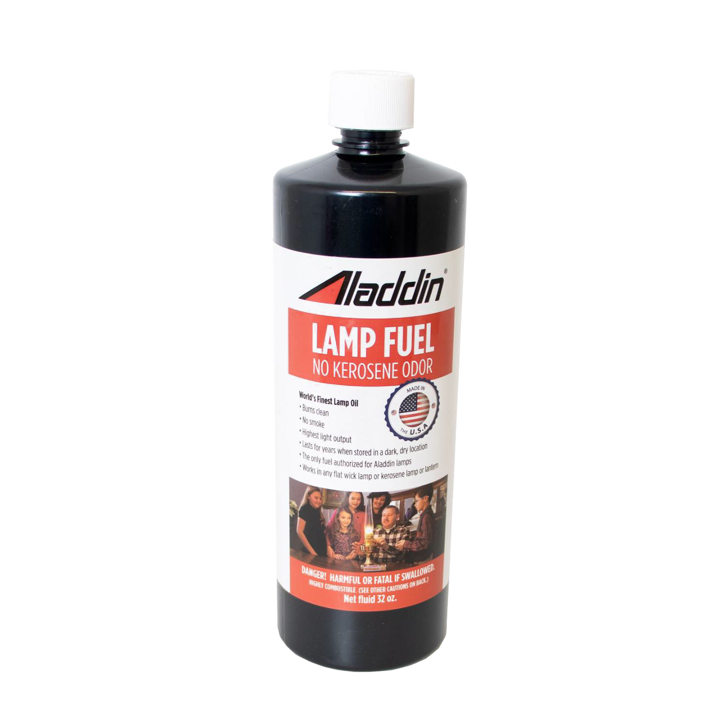 Black bottle of clear lamp fuel with a red and white label emphasizing no kerosene odor, designed for Aladdin lamps with high light output, part of Lamps & Lighting and Lamp and Lantern Fuel collections.