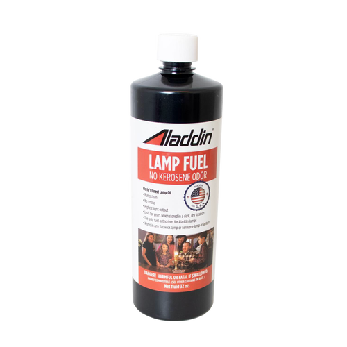 Black bottle of clear lamp fuel with a red and white label emphasizing no kerosene odor, designed for Aladdin lamps with high light output, part of Lamps & Lighting and Lamp and Lantern Fuel collections.