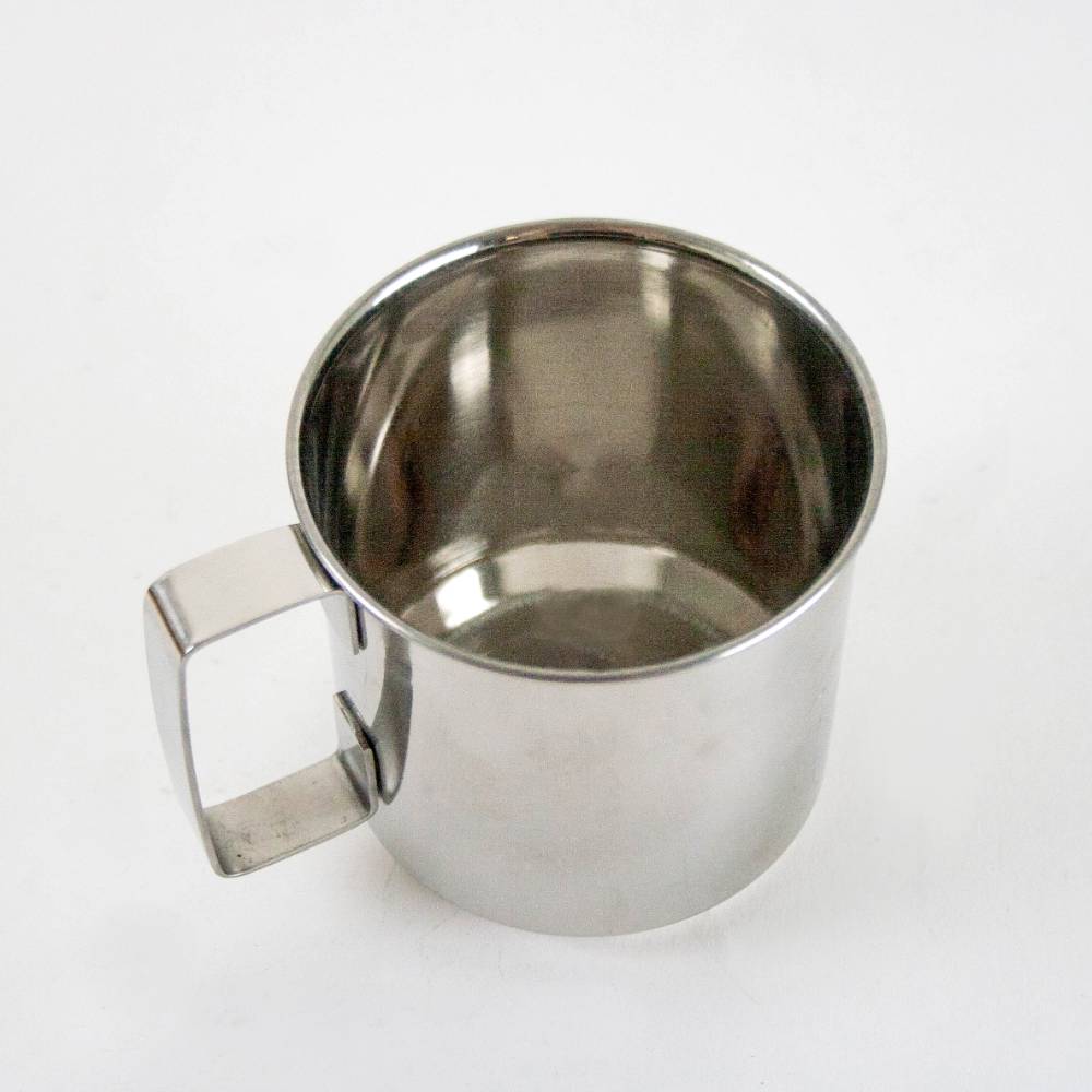 Single stainless steel cup with seamless construction and flat handle, designed for camping and outdoor use, featured in Farm, Garden & Tool, Kitchen & Food, and Dinnerware collections.