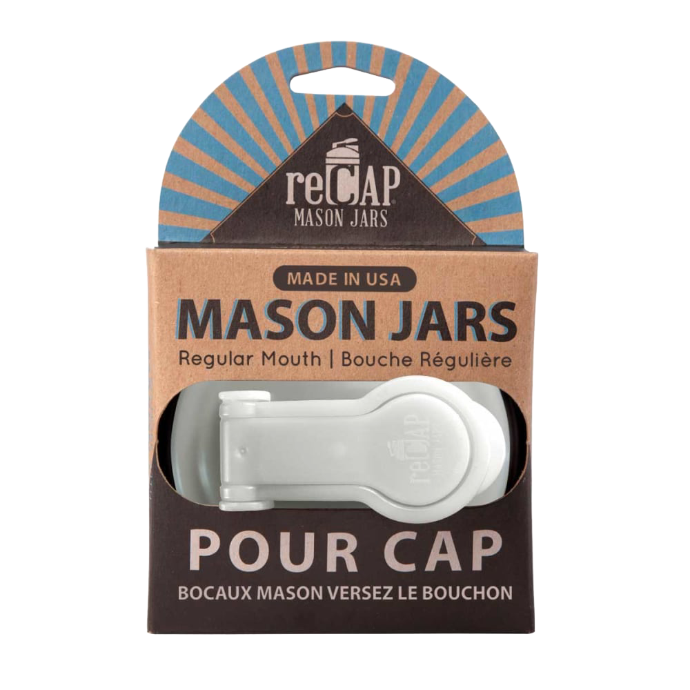 White no-break plastic pour cap with flip-top spout and carry loop for regular-mouth mason jars, made in the USA, featured in Kitchen & Food, Dinnerware, and Best Sellers collections.