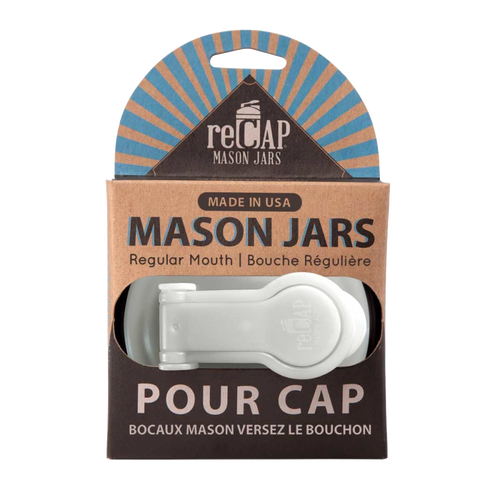 White no-break plastic pour cap with flip-top spout and carry loop for regular-mouth mason jars, made in the USA, featured in Kitchen & Food, Dinnerware, and Best Sellers collections.