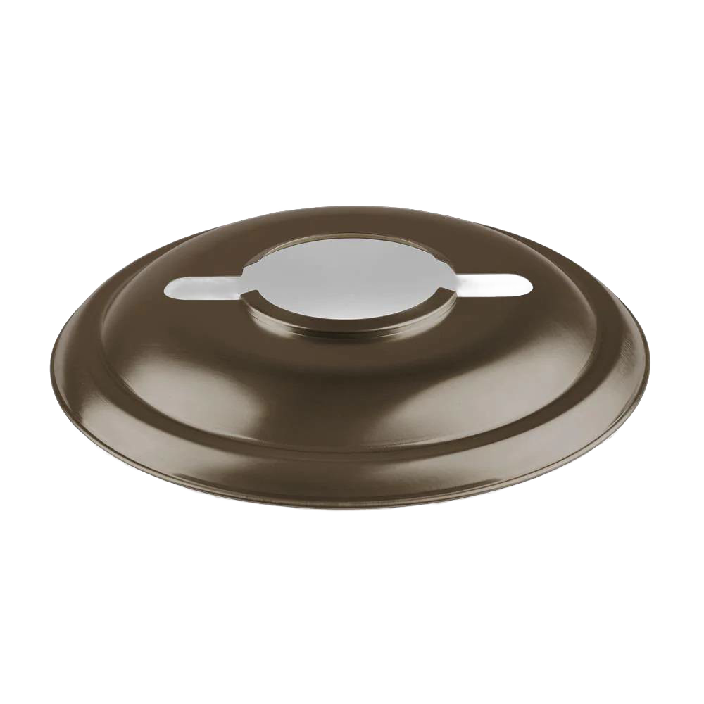 Handcrafted steel reflector shade in brown, designed for directing light downward and reducing glare, ideal for lamps and emergency supplies collections.