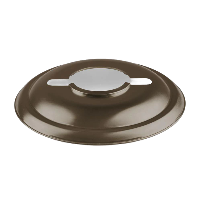 Handcrafted steel reflector shade in brown, designed for directing light downward and reducing glare, ideal for lamps and emergency supplies collections.