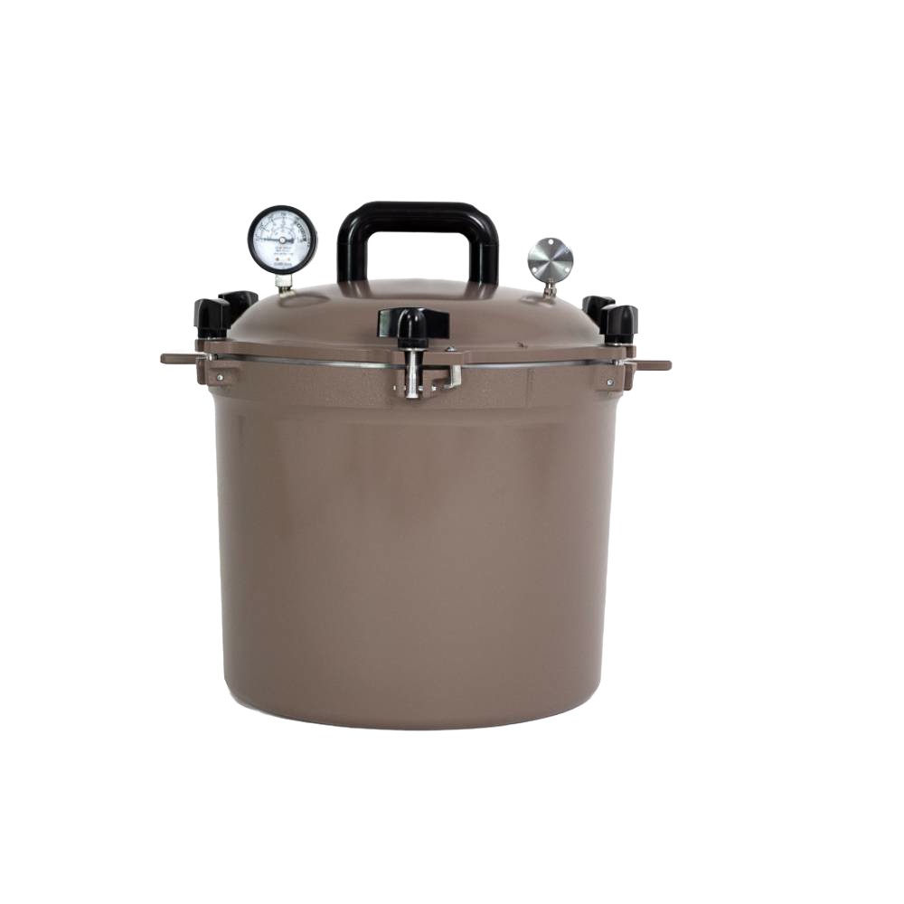 Taupe-colored 21.5-quart pressure canner with locking lid, dual pressure gauges, and sturdy handle, crafted in USA for Kitchen & Food, Food Preservation, and Canning collections.