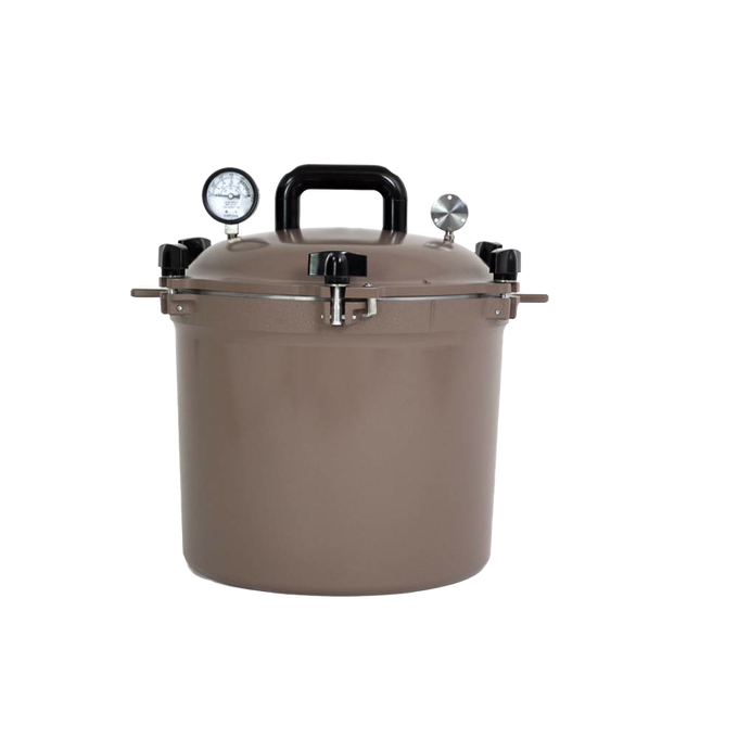 Taupe-colored 21.5-quart pressure canner with locking lid, dual pressure gauges, and sturdy handle, crafted in USA for Kitchen & Food, Food Preservation, and Canning collections.
